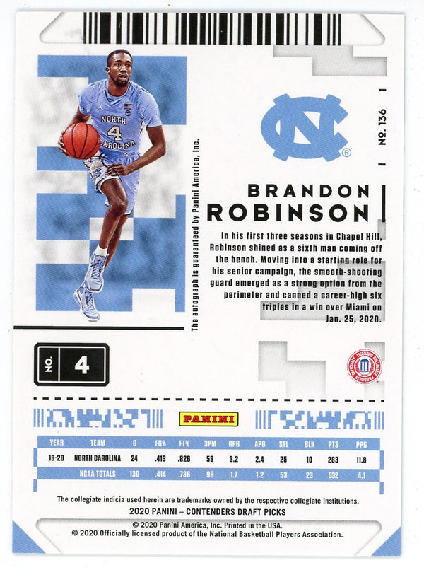 Brandon Robinson Autographed 2020 Panini Contenders Draft Picks Rookie Card #136