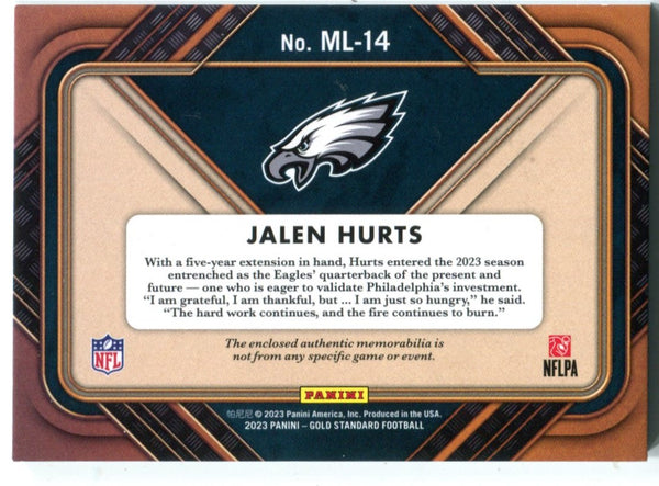 Jalen Hurts 2023 Panini Gold Standard Mother Lode Patch Card #ML14 /299