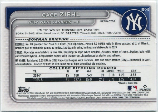 Gage Ziehl 2024 Bowman Draft Chrome Refractor RC #BDC-10
