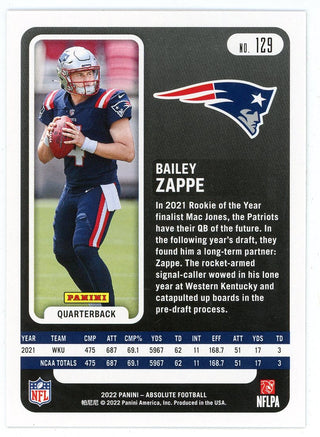 Bailey Zappe 2022 Panini Absolute Rookie Card #129
