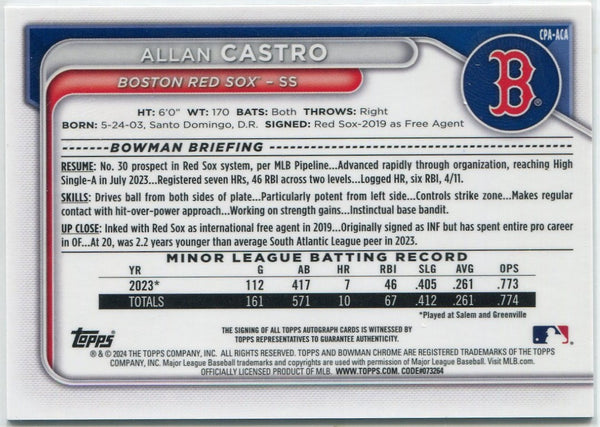 Allan Castro 2024 Bowman Chrome Autographed RC #CPA-ACA