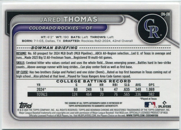 Jared Thomas 2024 Bowman Chrome Autographed RC #CPA-JTH