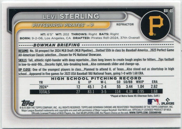 Levi Sterling 2024 Bowman Draft Chrome Refractor RC #BDC-83