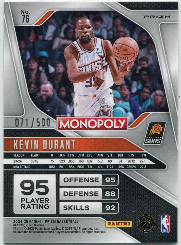 Kevin Durant 2024 - 2025 Panini Prizm Monopoly Millionaire Gold Shimmer Prizm Card #76 71/500