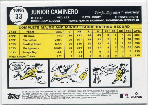 Junior Caminero 2024 Topps Archives Yellow Foilboard Parallel RC #33