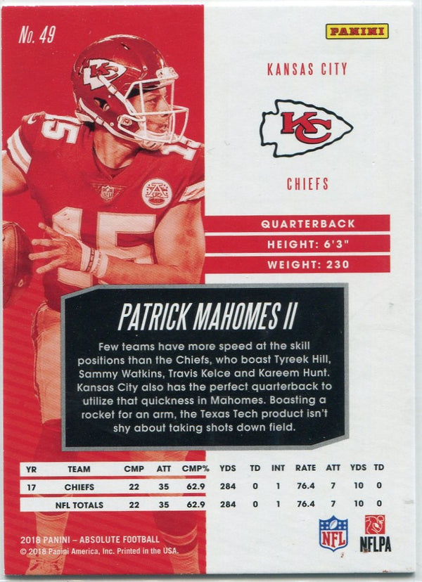 Patrick Mahomes II 2018 Panini Absolute Card #49