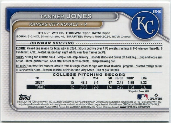Tanner Jones 2024 Bowman Chrome Yellow Refractor Card #BDC-195 46/75