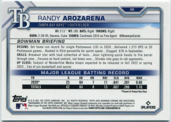 Randy Arozarena 2021 Bowman Chrome Sapphire Aqua Refractor Card #66 71/99