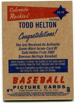 Todd Helton 2005 Bowman Heritage Game Worn Jersey Card #PG-TH