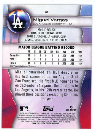Miguel Vargas 2023 Topps Bowman Platinum Rookie Card #62