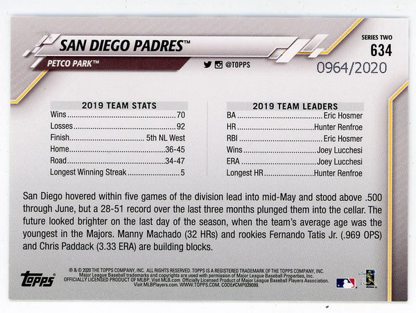 San Diego Padres 2020 Topps Team Card #634