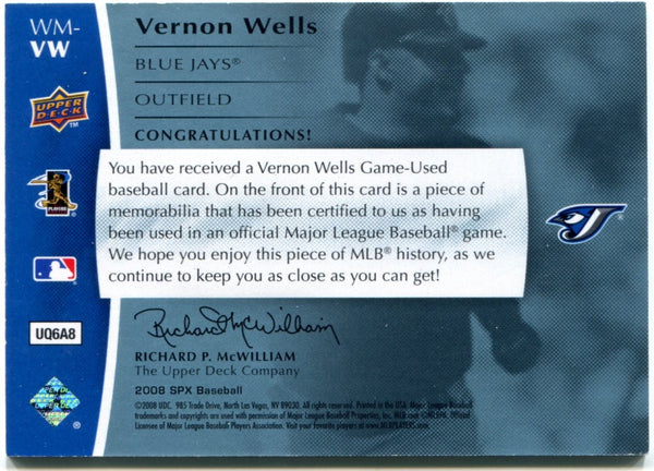 Vernon Wells 2008 Upper Deck SPX Winning Materials Game Used Jersey Card #WM-VW 17/99