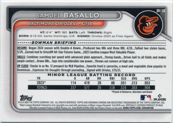 Samuel Basallo 2024 Bowman Draft Chrome RC #BDC-128