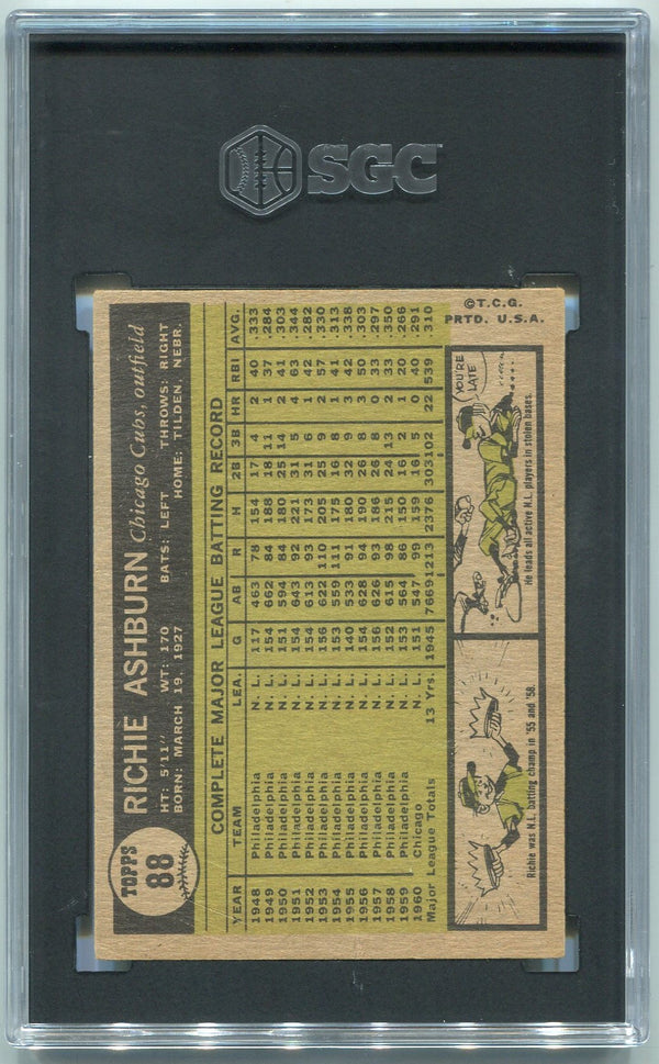 Richie Ashburn 1961 Topps Card #88 SGC Graded 4