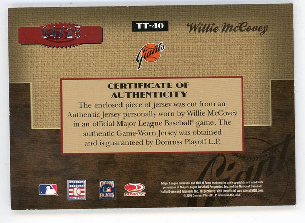 Willie McCovey 2005 Donruss Throwback Threads Prime Patch Relic #TT-40