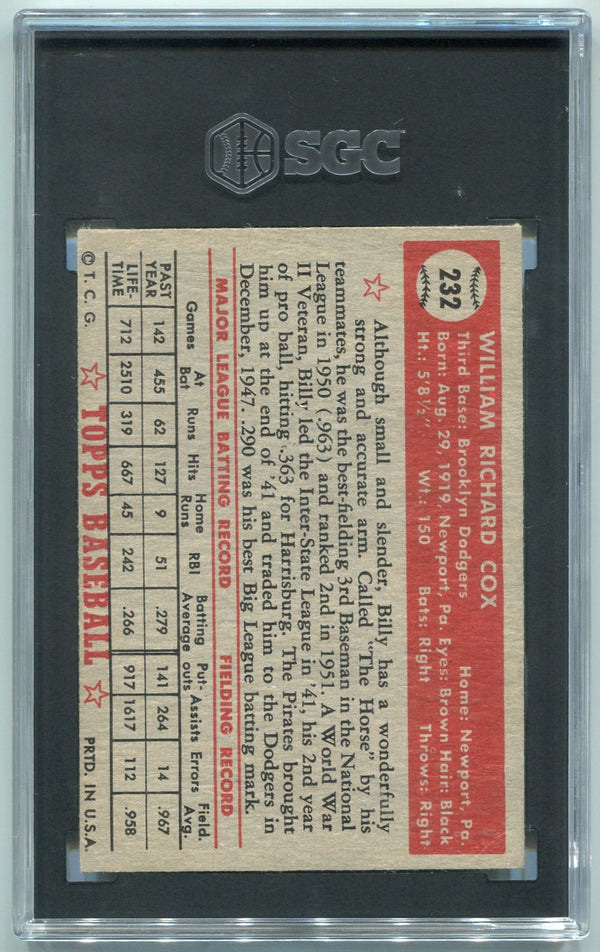 Billy Cox 1952 Topps Card #232 SGC Graded 4