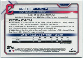 Andres Gimenez 2021 Bowman Chrome Sapphire Yellow Refractor RC #12 16/50