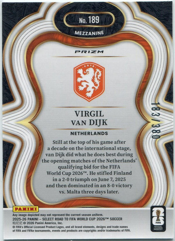Virgil Van Dijk 2025 - 2026 Panini Select Road To FIFA World Cup Black And White Cracked Ice Card #189 183/380