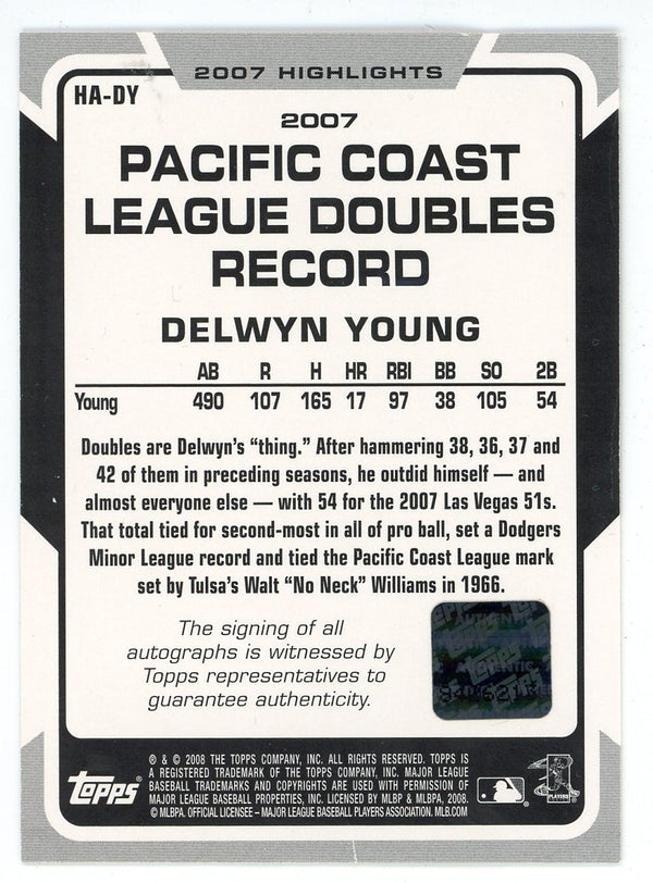 Delwyn Young Autographed 2008 Topps 07 Highlights #HA-DY