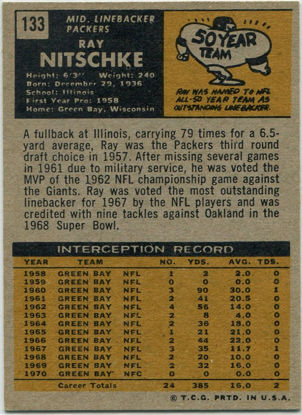 Ray Nitschke 1971 Topps Card #133
