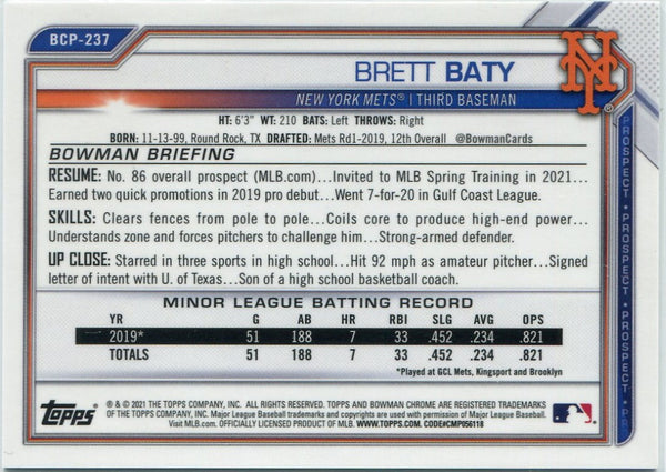 Brett Baty 2021 Bowman Chrome Prospects Sapphire Green Refractor RC #BCP-237 100/125