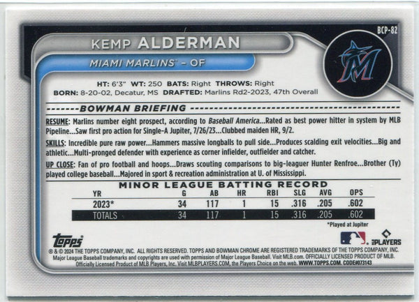 Kemp Alderman 2024 Bowman Chrome Prospects Purple Raywave Refractor RC #BCP-82 56/250