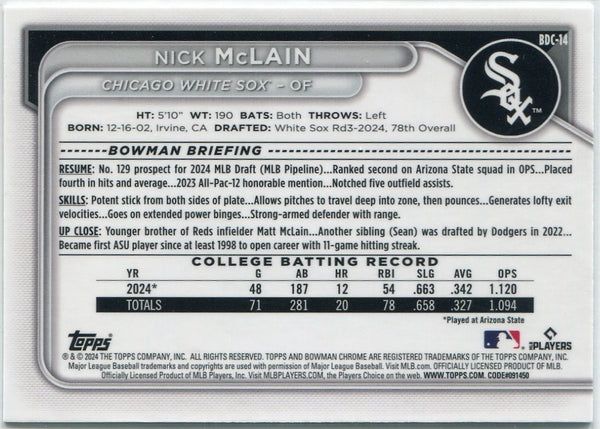 Nick McLain 2024 Bowman Draft Chrome Green Refractor RC #BDC-14 81/99