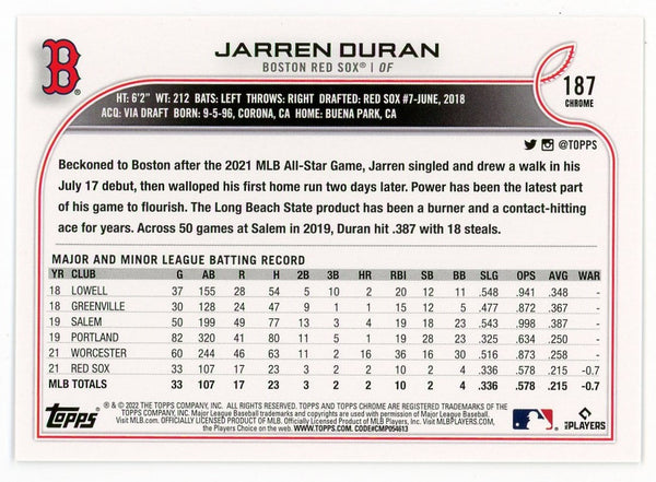 Jarren Duran 2022 Topps Chrome #187 Card