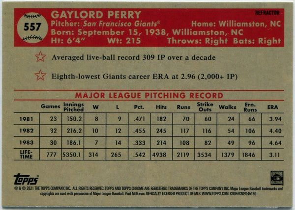Gaylord Perry 2021 Topps Chrome Platinum Anniversary Refractor Card #557