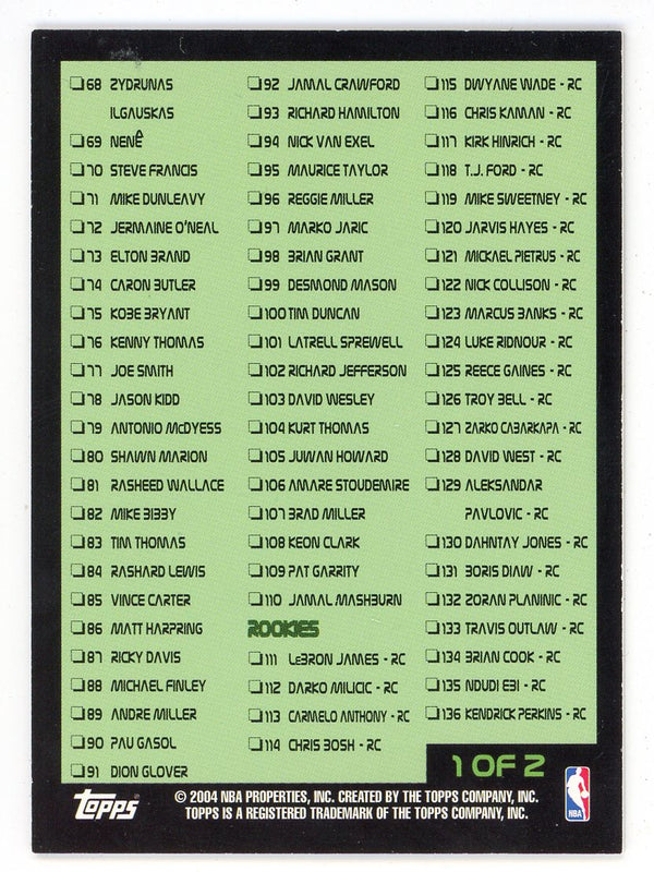 2003-04 Topps Rookie Matrix Basketball Checklist Card 1 of 2