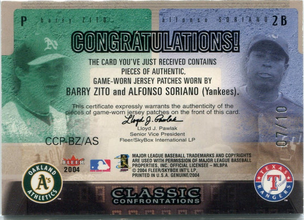 Barry Zito/Alfonso Soriano 2004 Fleer Genuine Insiders Classic Confrontations Dual Jersey Card #CCP-BZ/AS 7/10