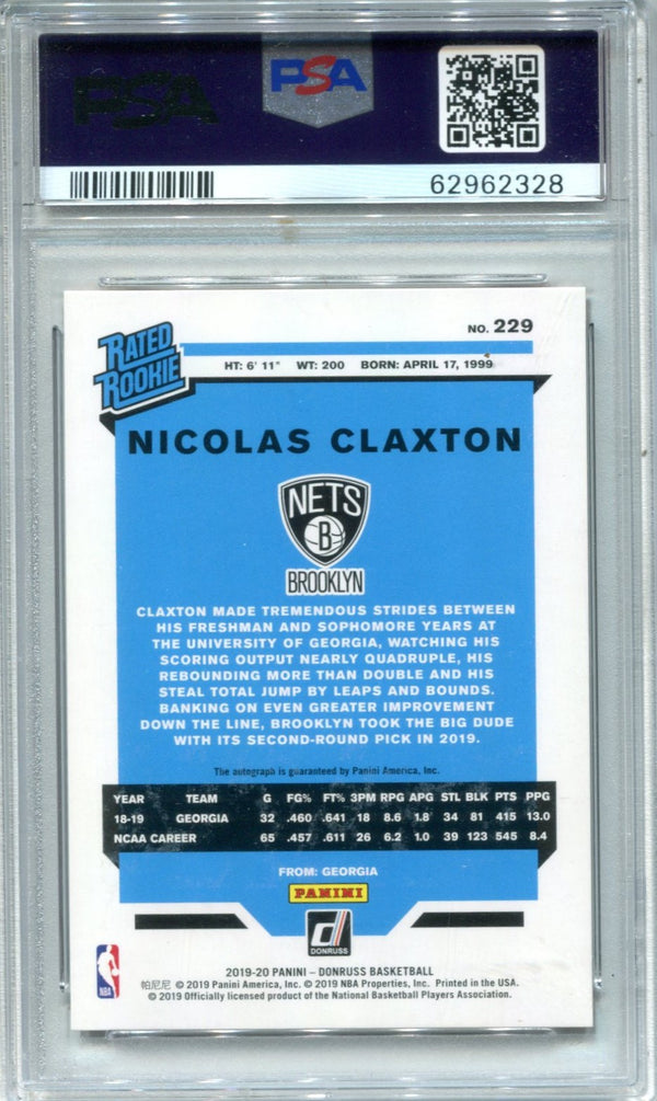 Nicolas Claxton 2019 Panini Donruss Orange Laser #229 PSA Auto Auth Auto 10