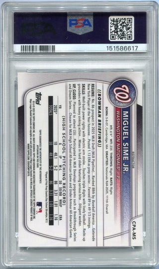 Miguel Sime Jr 2025 Bowman Chrome Prospects Autographed Refractor RC #CPA-MS 132/499 PSA Graded 10