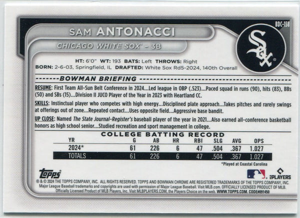 Sam Antonacci 2024 Bowman Draft Chrome Blue Refractor RC #BDC-158 126/150