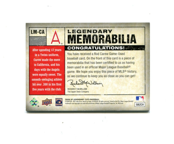 Rod Carew 2008 Upper Deck Legendary Memorabilia #LM-CA 68/99 Card