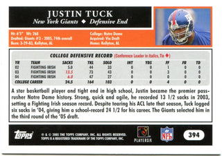 Justin Tuck Autographed 2005 Topps Rookie Card