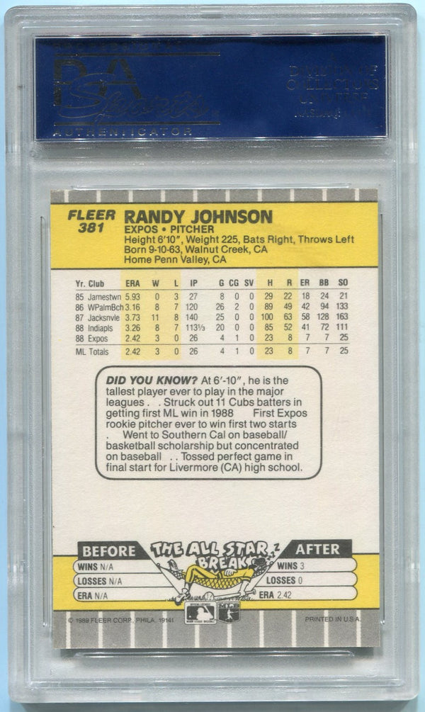 Randy Johnson 1989 Fleer Ad Completely Blacked Out RC #381 PSA Graded 9