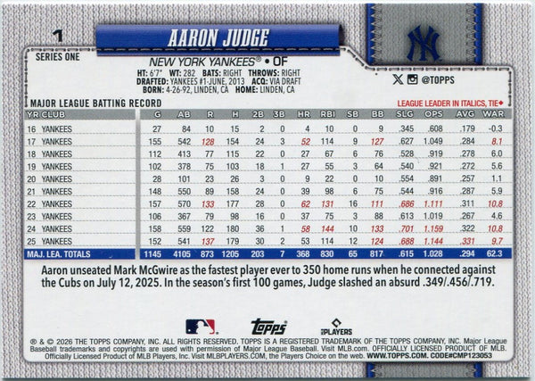 Aaron Judge 2026 Topps Silver Crackleboard Foil Board Card #1