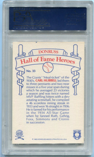 Carl Hubbell 1983 Donruss H.O.F Heroes Autographed Baseball Card PSA/DNA Certified