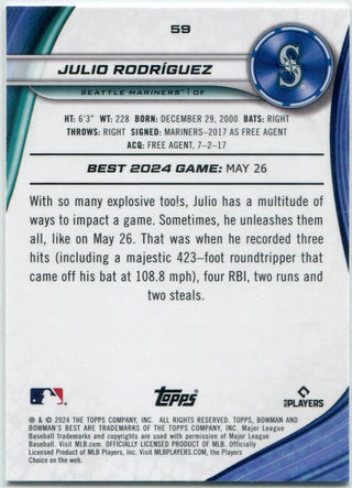 Julio Rodriguez 2024 Bowman's Best Mini Diamond Refractor Card #59 81/299