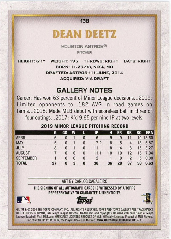 Dean Deetz 2020 Topps Gallery Autographed #138