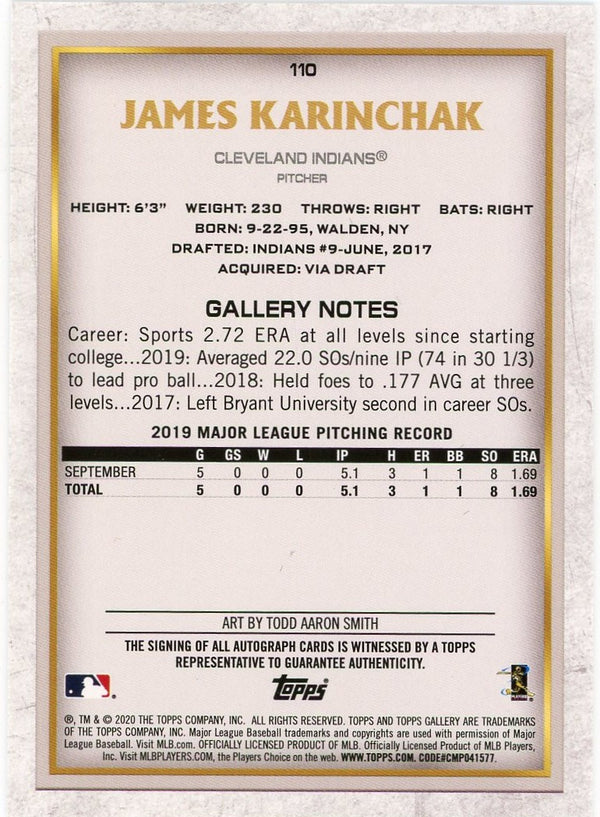 James Karinchak 2020 Topps Gallery Autographed RC #110