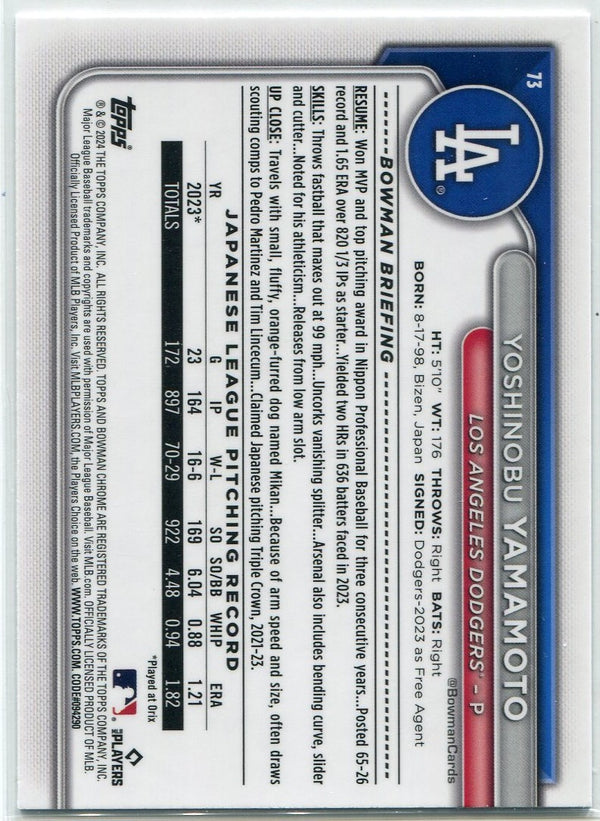 Yoshinobu Yamamoto 2024 Bowman Chrome MOJO Refractor RC #73