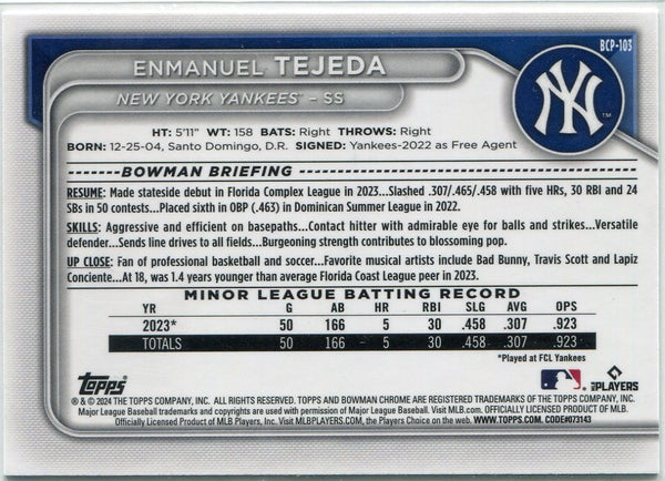 Enmanuel Tejeda 2024 Bowman Chrome Prospects Lunar Glow Green Refractor RC #BCP-103