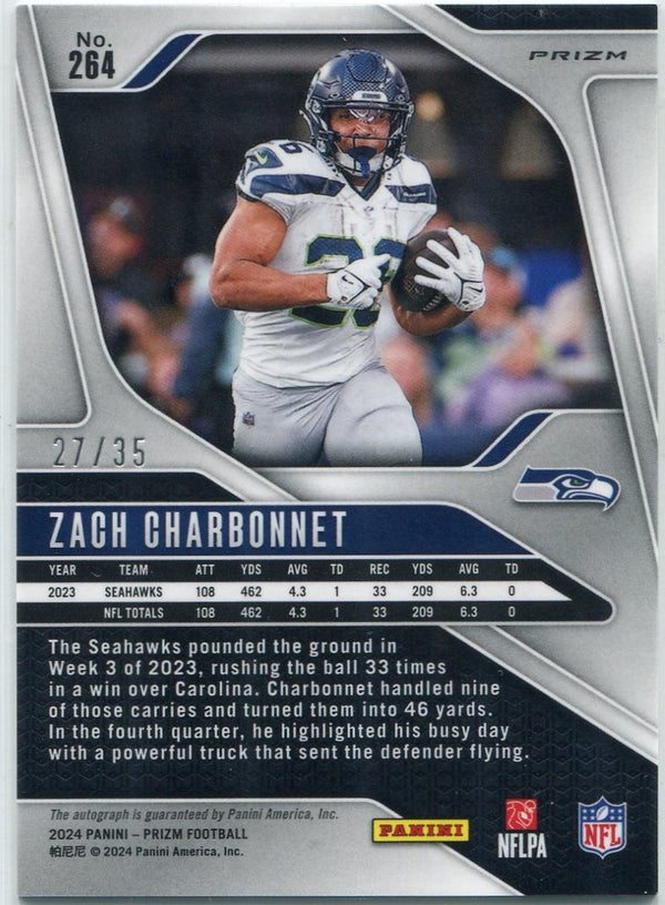 Zach Charbonnet 2024 Panini Prizm Autographed Red Shimmer Prizm Card #264 27/35