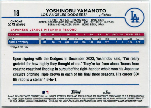 Yoshinobu Yamamoto 2024 Topps Chrome RC #18