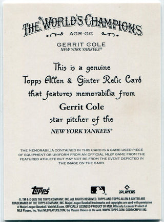 Gerrit Cole 2025 Topps Allen & Ginter Jersey Card #AGR-GC