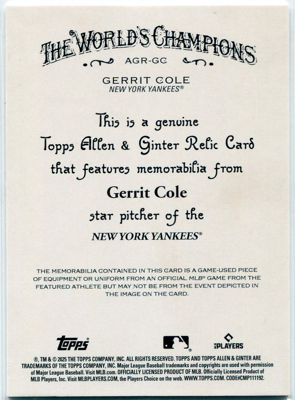 Gerrit Cole 2025 Topps Allen & Ginter Jersey Card #AGR-GC