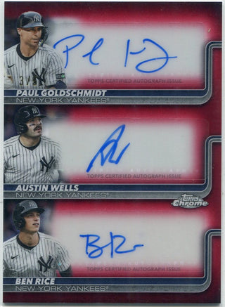 Paul Goldschmidt/Austin Wells/Ben Rice 2025 Topps Chrome Update Triple Autographed Red Refractor Card #TA-GWR 3/5