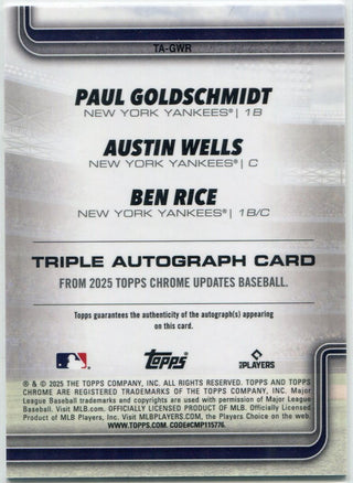 Paul Goldschmidt/Austin Wells/Ben Rice 2025 Topps Chrome Update Triple Autographed Red Refractor Card #TA-GWR 3/5